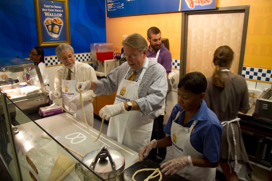 President Lowry making pretzels in the food court