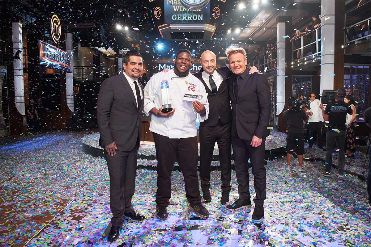 Gerron Hurt, second from left, stands with judges Aarón Sanchez, Joe Bastianich and Gordon Ramsay after winning Season 9 MasterChef competition.