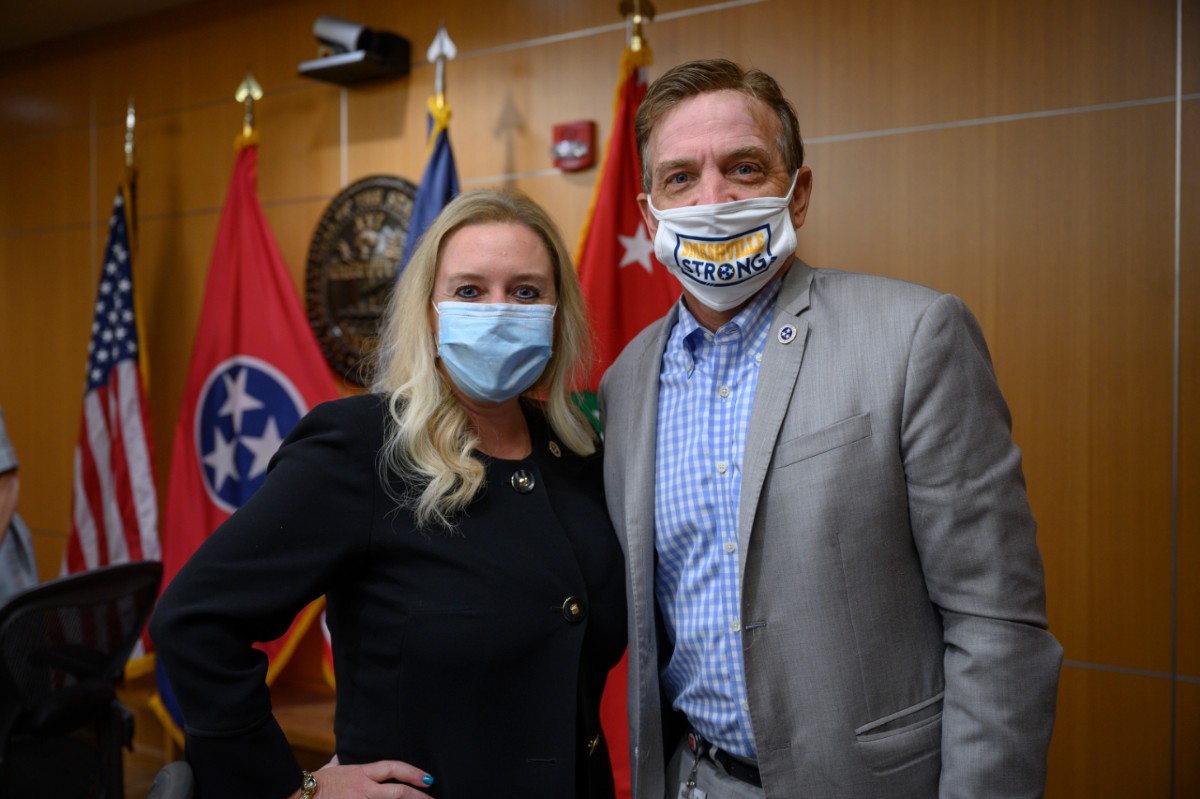 Lisa Piercey and Mark Ezell, side-by-side with facial masks