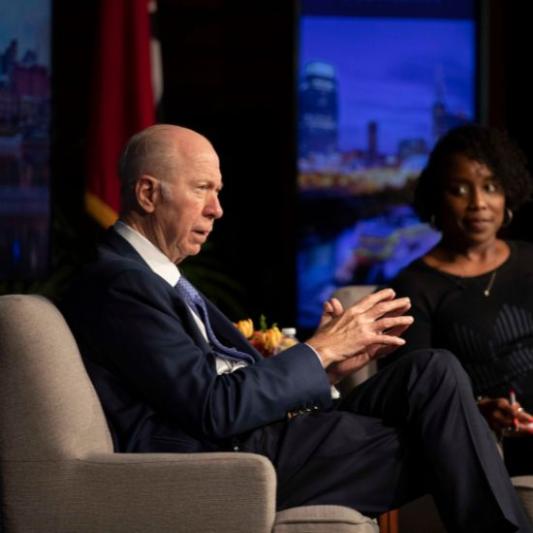 David Gergen and Michelle Steele on stage at 2022 Don R Elliott Presidential Lectures