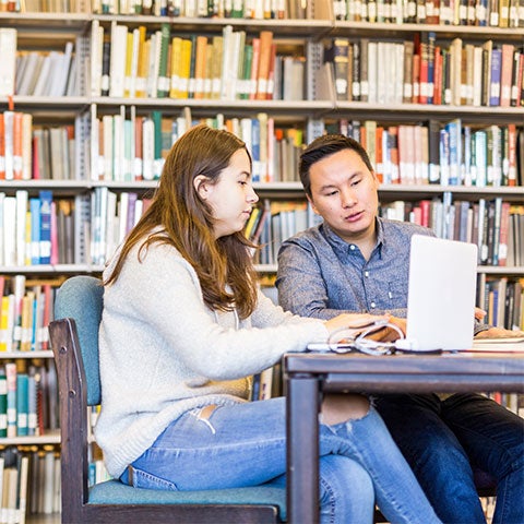 Students studying in Beaman Library with computer.