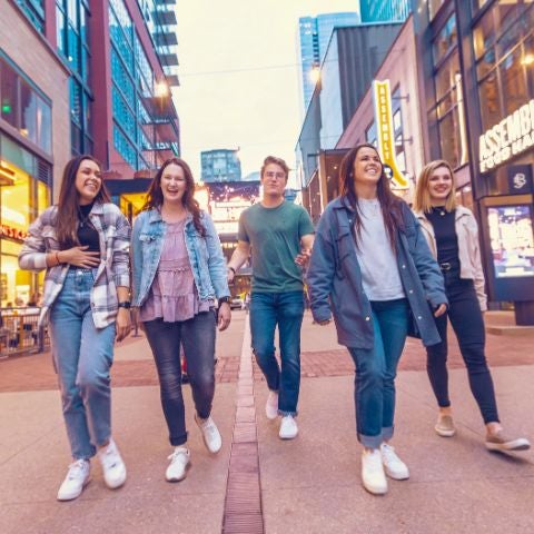 Students walking outside of the food hall in downtown Nashville