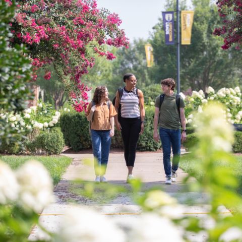 three students walking on campus