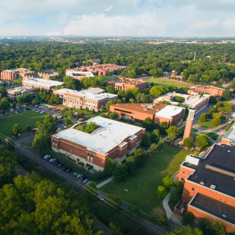 Aerial shot of campus in the spring
