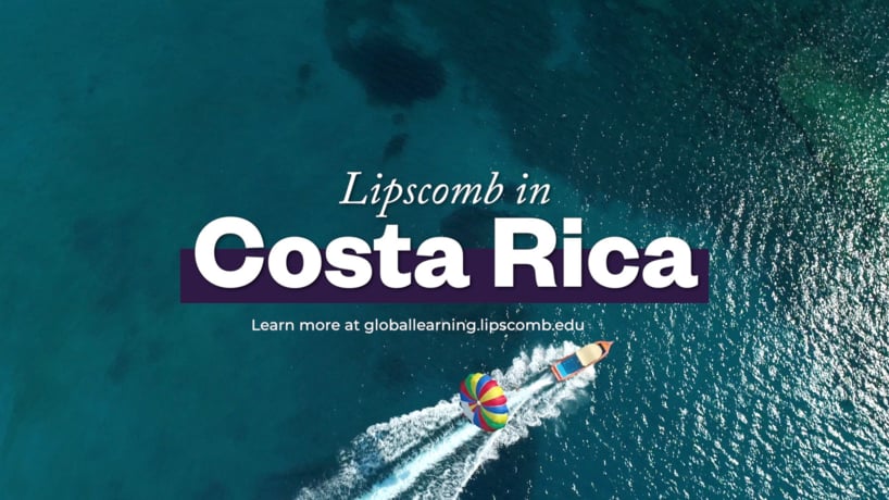 Boat crosses open open as parasailer glides behind. The title Lipscomb in Costa Rica appear.
