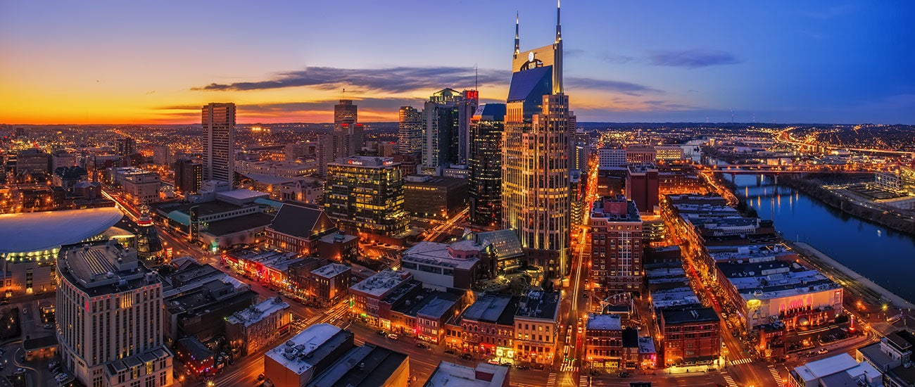 An aerial view looking toward north and west Nashville, including Broadway.