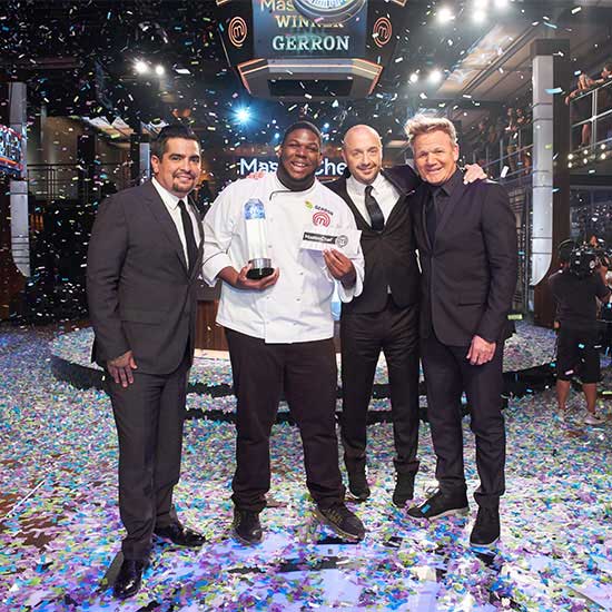 Gerron Hurt, second from left, stands with judges Aarón Sanchez, Joe Bastianich and Gordon Ramsay after winning Season 9 MasterChef competition.