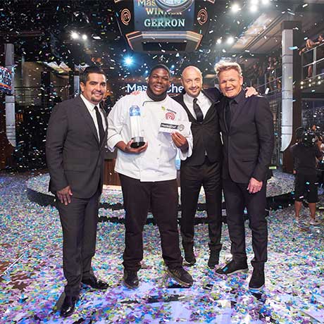 Gerron Hurt, second from left, stands with judges Aarón Sanchez, Joe Bastianich and Gordon Ramsay after winning Season 9 MasterChef competition.