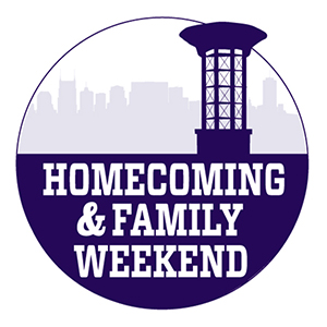 Homecoming & Family Weekend in text with background of Nashville skyline and partial Allen belltower in the front.