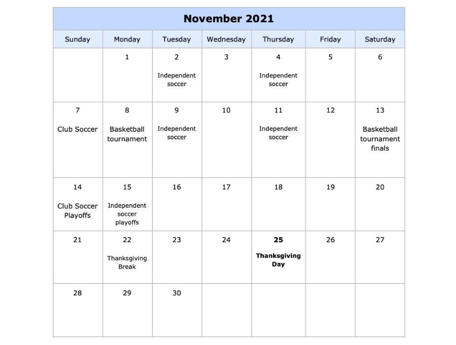 November schedule