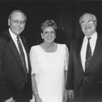 Carl McKelvey (L), with his longtime executive assistant Shirley Stansbury and the late Willard Collins, Lipscomb president from 1977-1986