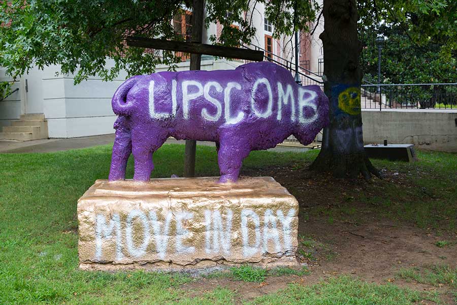 The Bison statue welcomes new students on Move In Day.