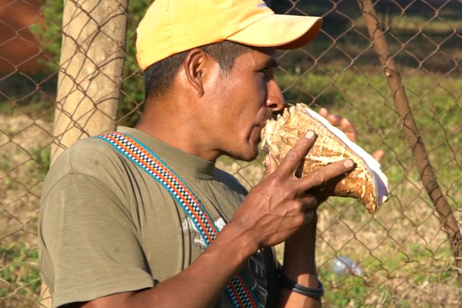 A man blows into a conch shell.