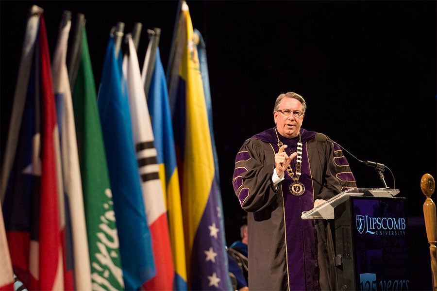 President Randy Lowry speaks to an audience during President's Convocation
