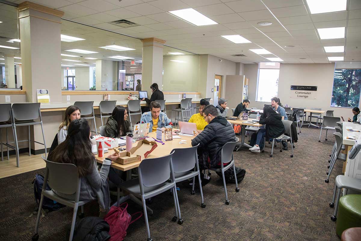 Students hang out in the Commuter Lounge.