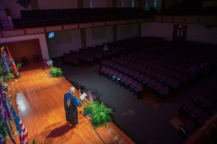 The stage of Collins seen from overhead during the filming on the commencement ceremony.