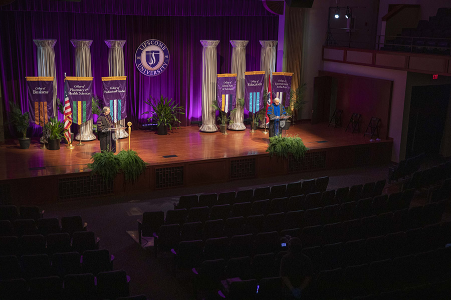 The stage of Collins during the filming on the commencement ceremony.