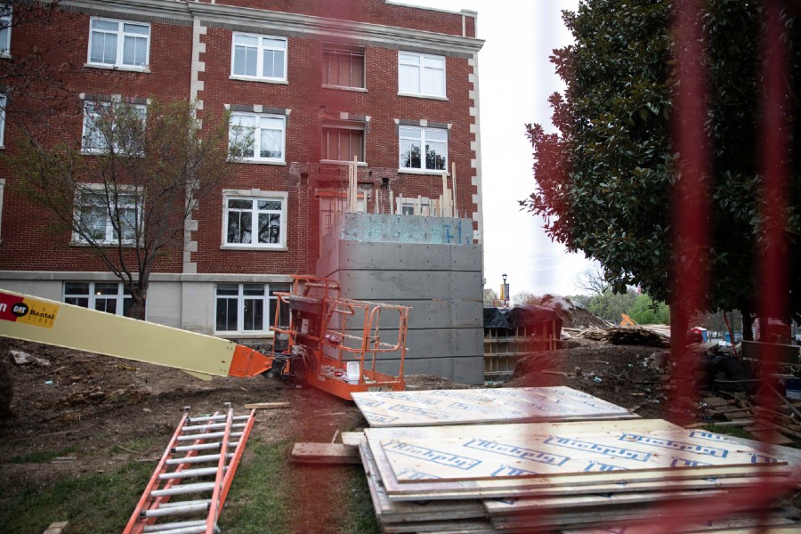 A new elevator is under construction for Elam Hall