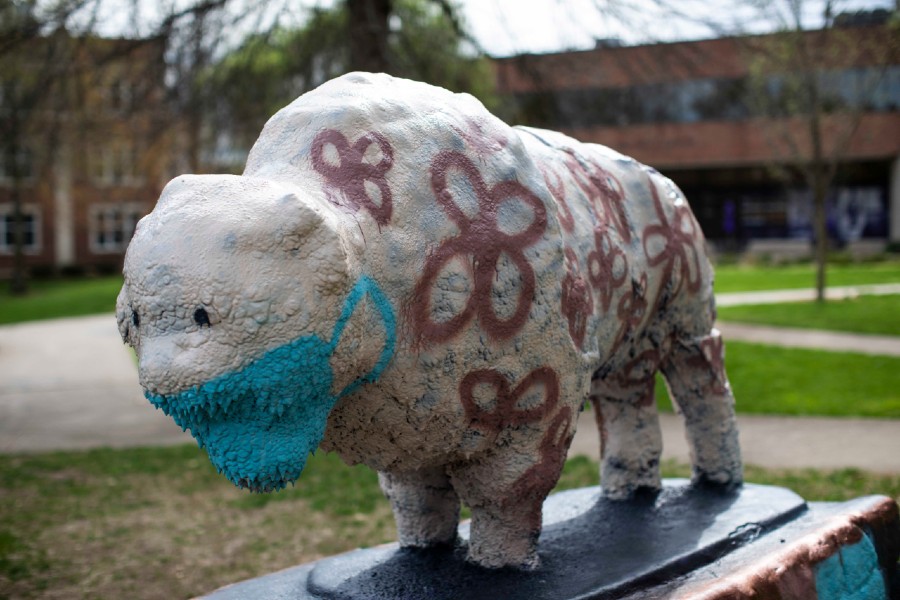 The Lipscomb Bison statue painted as a masked health care worker