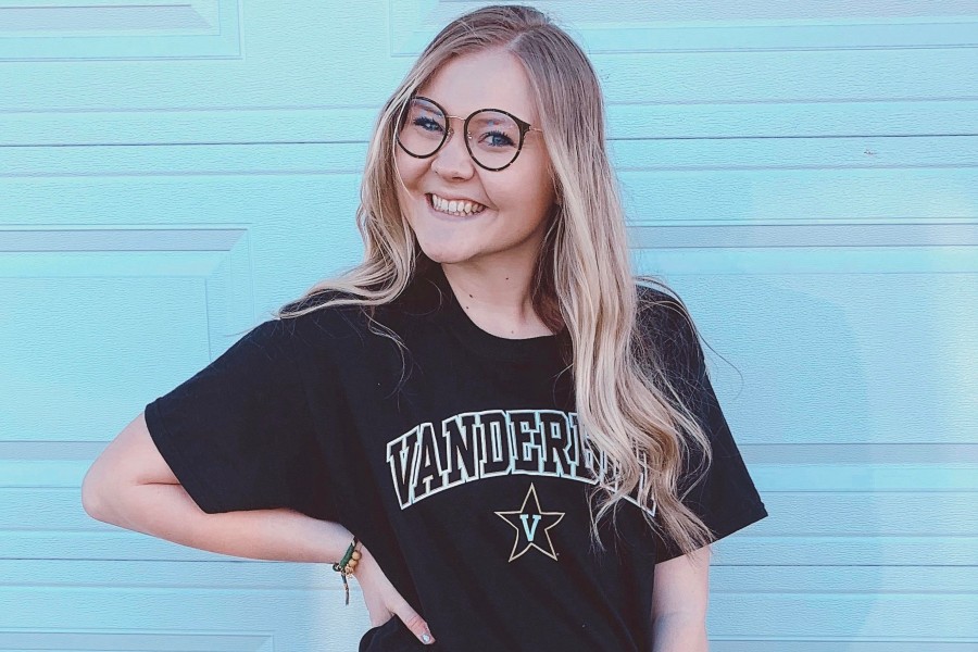 Abbey Ward wearing a T-shirt for Vanderbilt where she will soon be working as a nurse