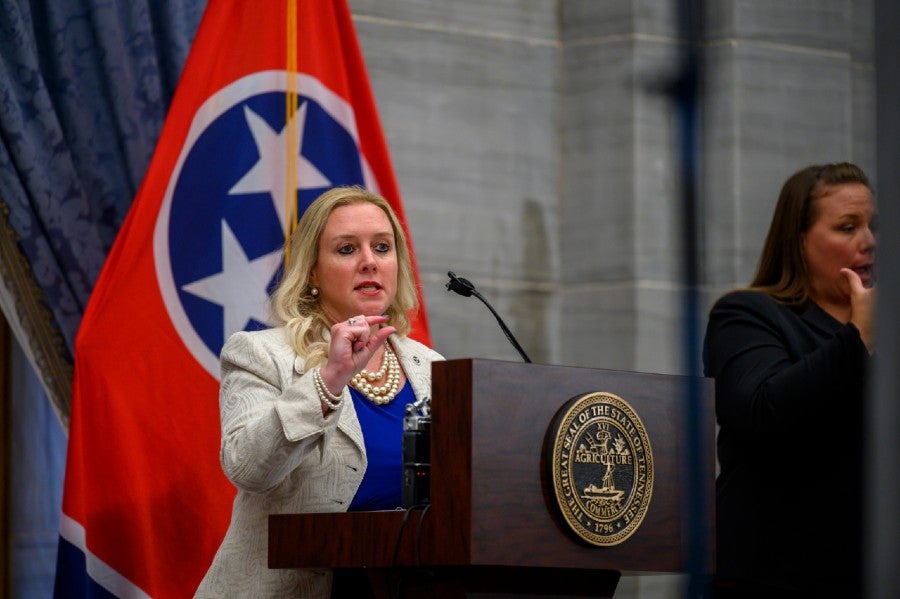 Lisa Peircey at a state coronavirus press conference