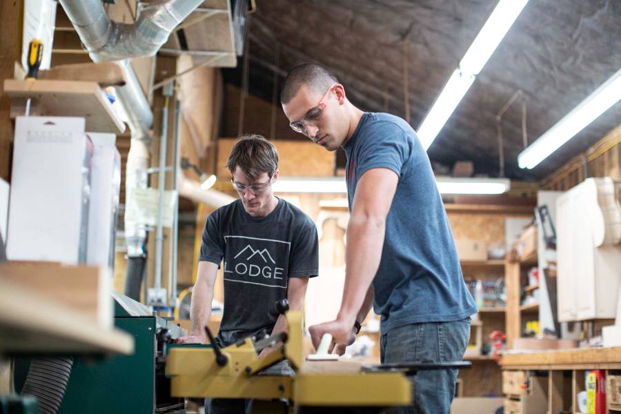 Narrow Gate crew in wood shop. 