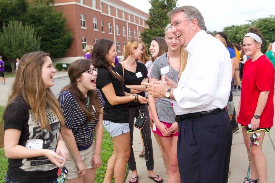 president Lowry at a freshman picnic