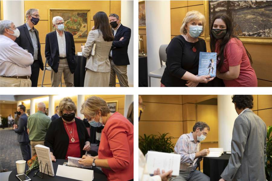 Collage of photos from faculty book signing. 