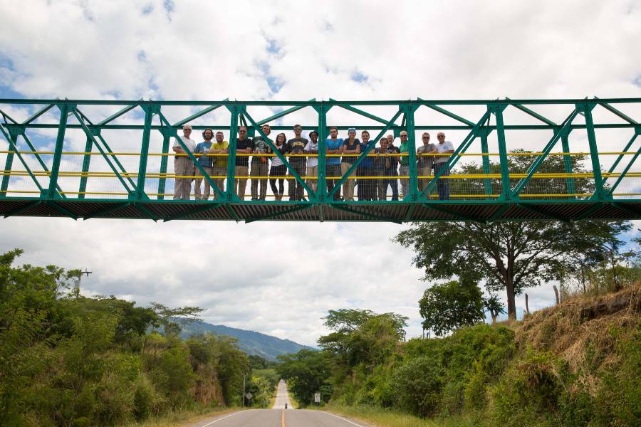 Engineering students stand on bridge they built