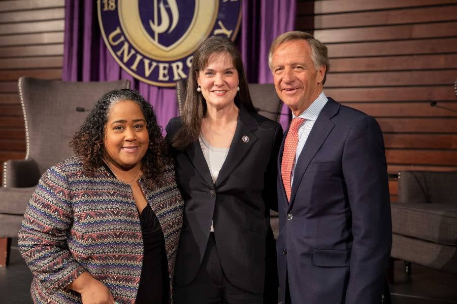 Tennessee State Sen. Raumesh Akbari, President McQueen and former Tennessee Gov. Bill Haslam