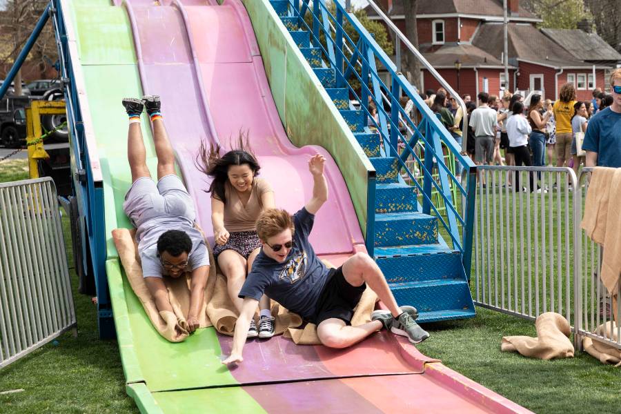 Students on giant slide