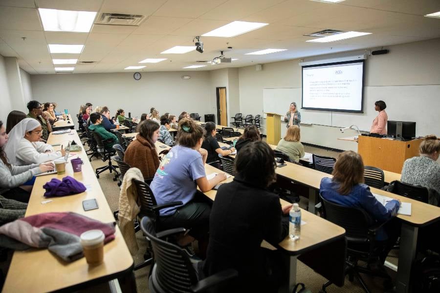 Teachers at a College of Education workshop in April