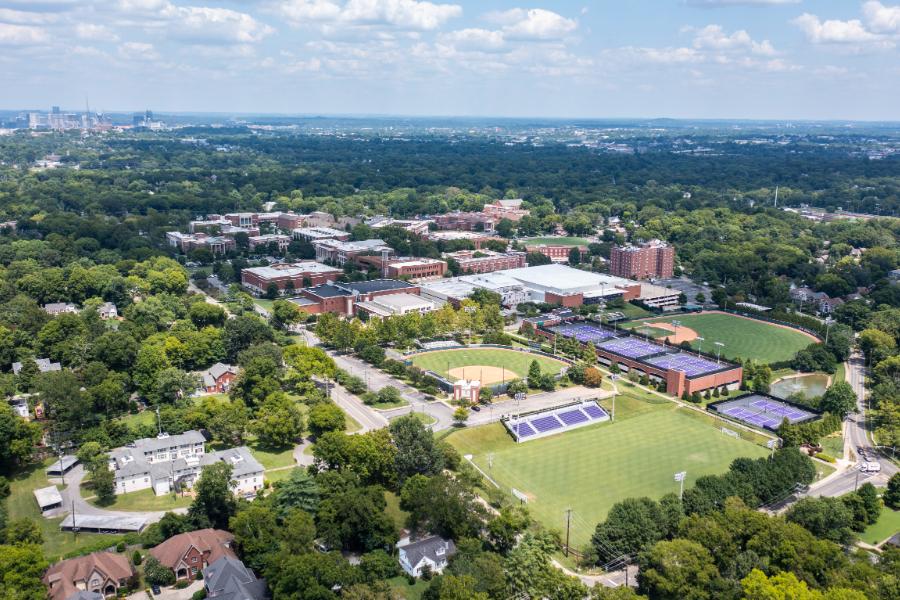 Aerial shot of the buildings of campus in summer.