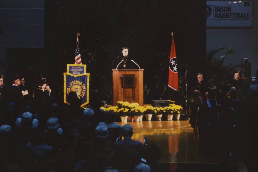 Dr. Harold Hazelip gives his inaugural address, "The Possible Dream," during ceremonies to officially install him at Lipscomb's 15th president on Oct. 24, 1986.