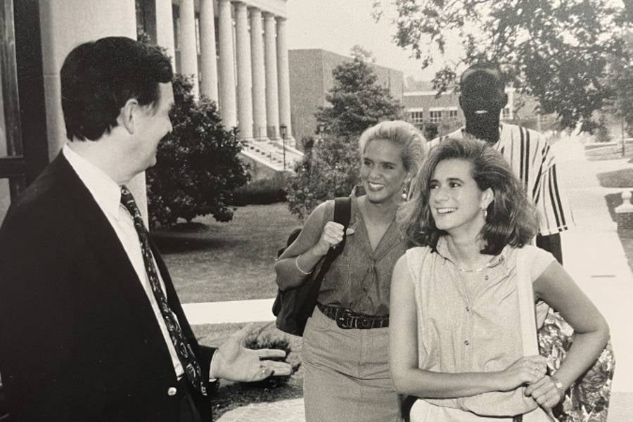 Hazelip greets students as they enter Crisman Administration Building during his tenure as president.