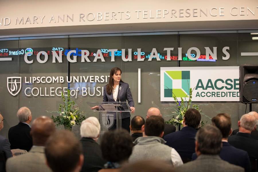 President McQueen at the AACSB breakfast celebration. 