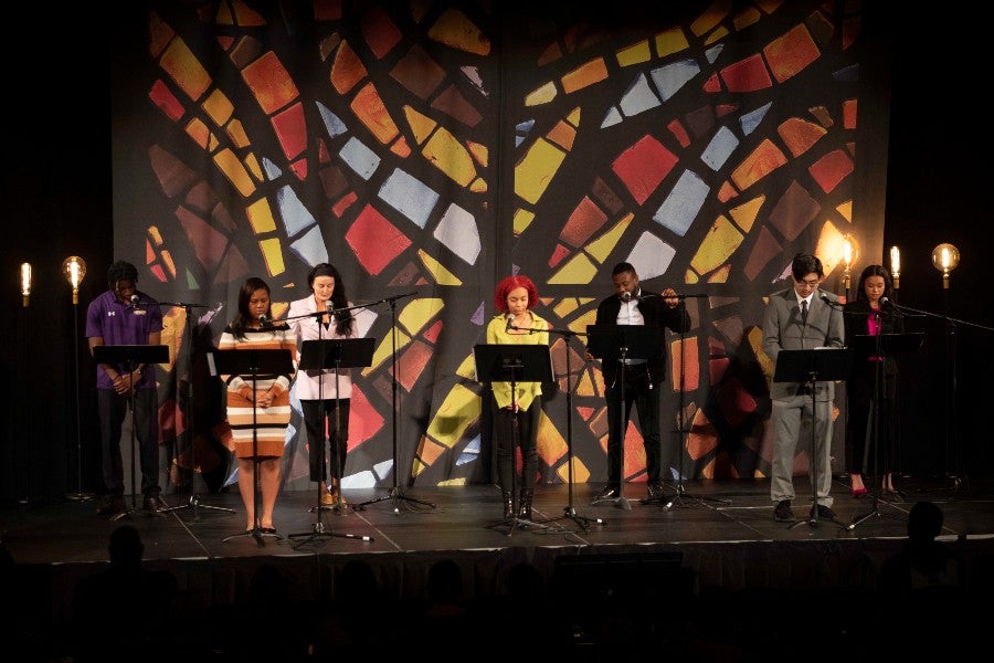 Students reading in chapel