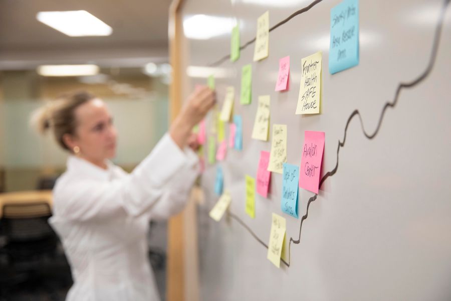 Woman places sticky notes on a white board 