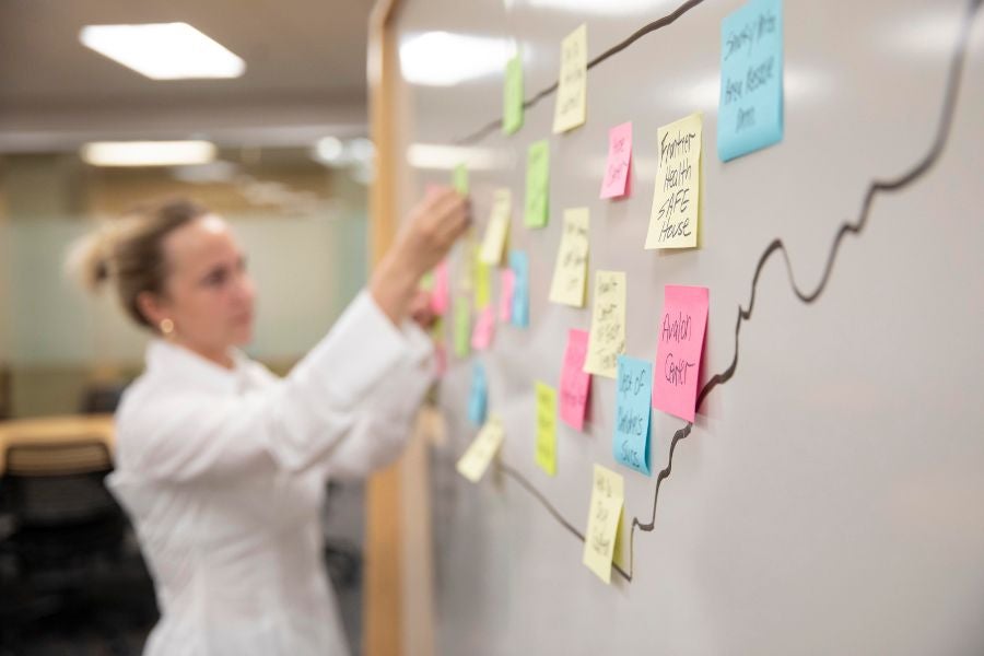 Woman places sticky notes on a white board