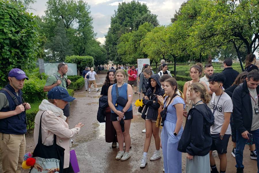 Students on a tour of the Roman Forum during the faith and science trip to Italy.