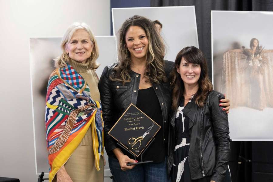 Fashion Department hosted an Alumni Event, the Caroline Cross Awards 2022. Here is Department Chair Charlotte Poling, Assistant Professor Sissy Simmons and Alumni Rachel David '02.