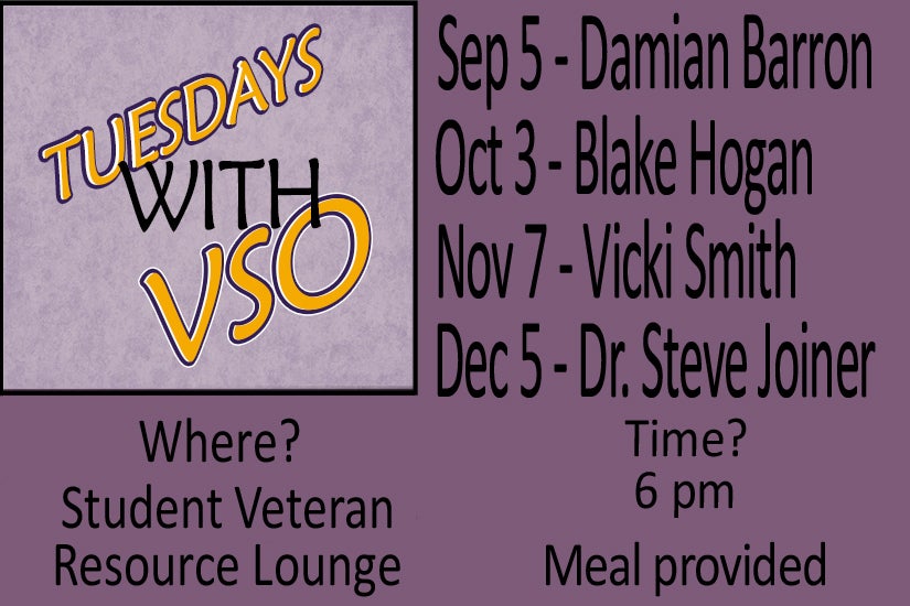 Tuesday with VSO hosts Sep 5, Damiana Barron. Oct 3, Blake Hogan. Nov 7, Vicki Smith. Dec 5, Dr. Steve Joiner.