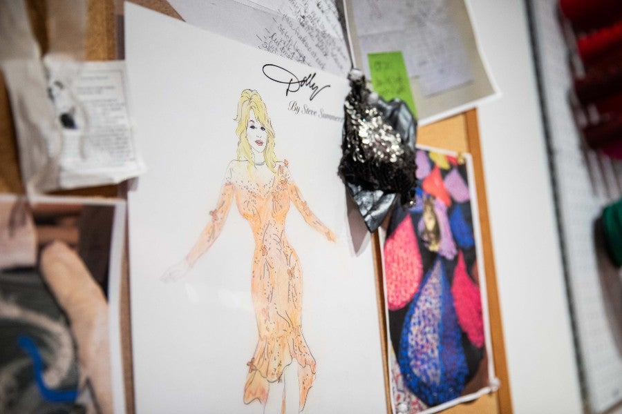 A pattern by Steve Summers showing Dolly Parton and a dress design