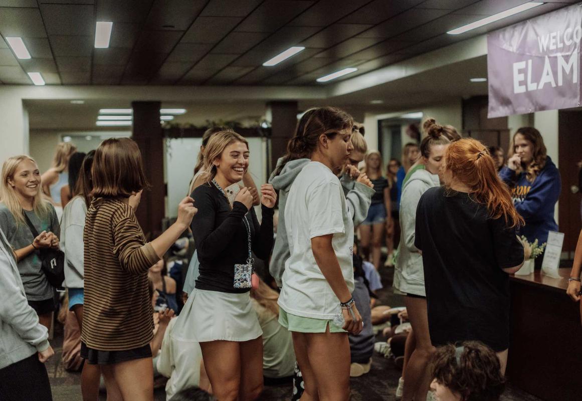 Girls hanging out in Elam Hall lobby