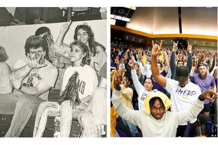 1980s students making a "horns up" symbol and 2022 students making a "horns up" symbol