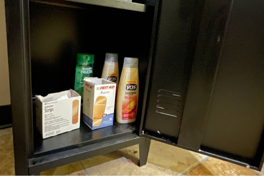 Items in a hygiene locker for students. 