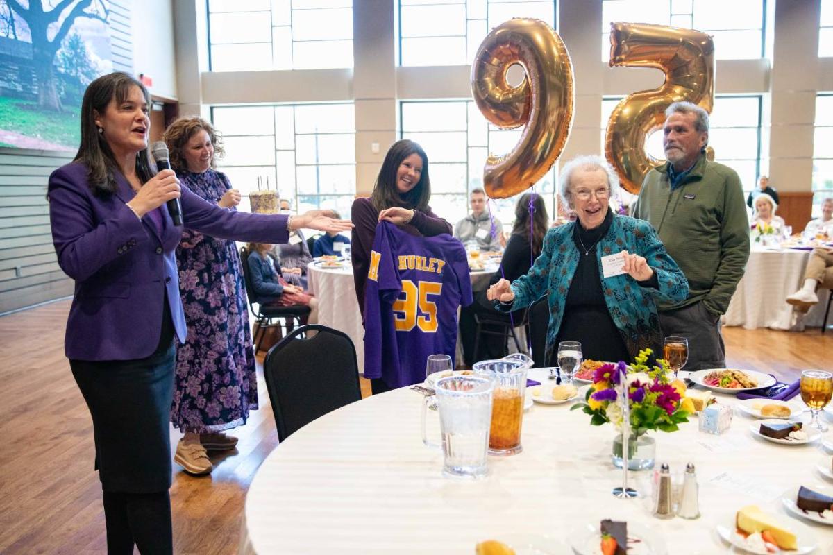 President Candice McQueen leads the celebration for Mary Nelle Chumley on her 95th birthday.