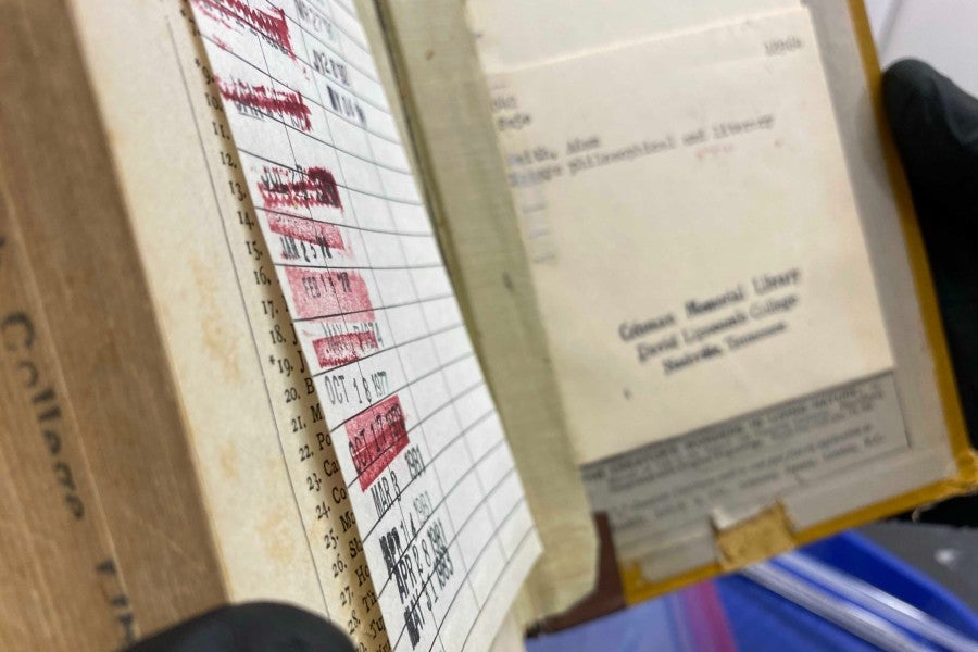 The checkout card in one of the vintage books tested