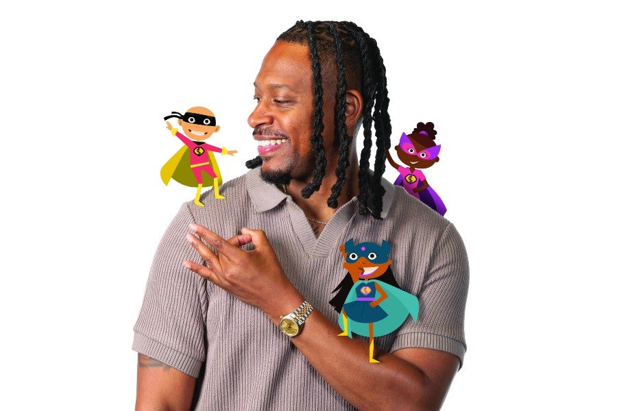 Courtney hale interacts with the Super Money Kids cartoon logos