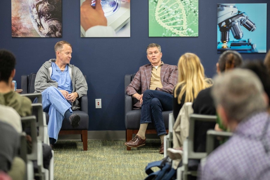 Dr. Grogan and Dr. James Loden, ophthalmologist, speak on campus to students